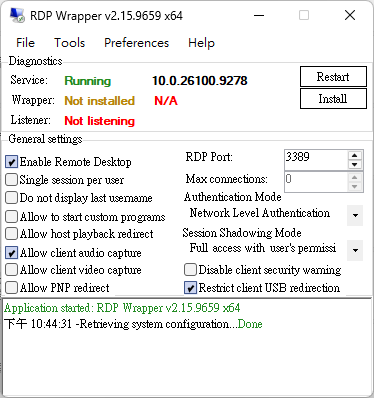 RDP Wrapper 視窗中已勾選 Enable Remote Desktop，右上方顯示 Install 按鈕。